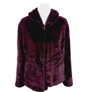 GILI, Plum, Faux Fur Hooded Jacket, Size Large, Sip Front, Pockets, Soft & Cozy